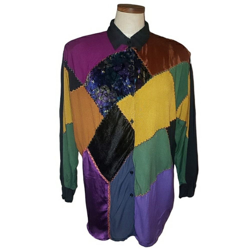 DD Designs Vintage 1990s Oversized Colorful Patchwork Button Down Shirt 14/16